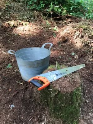 bucket and saw on ground